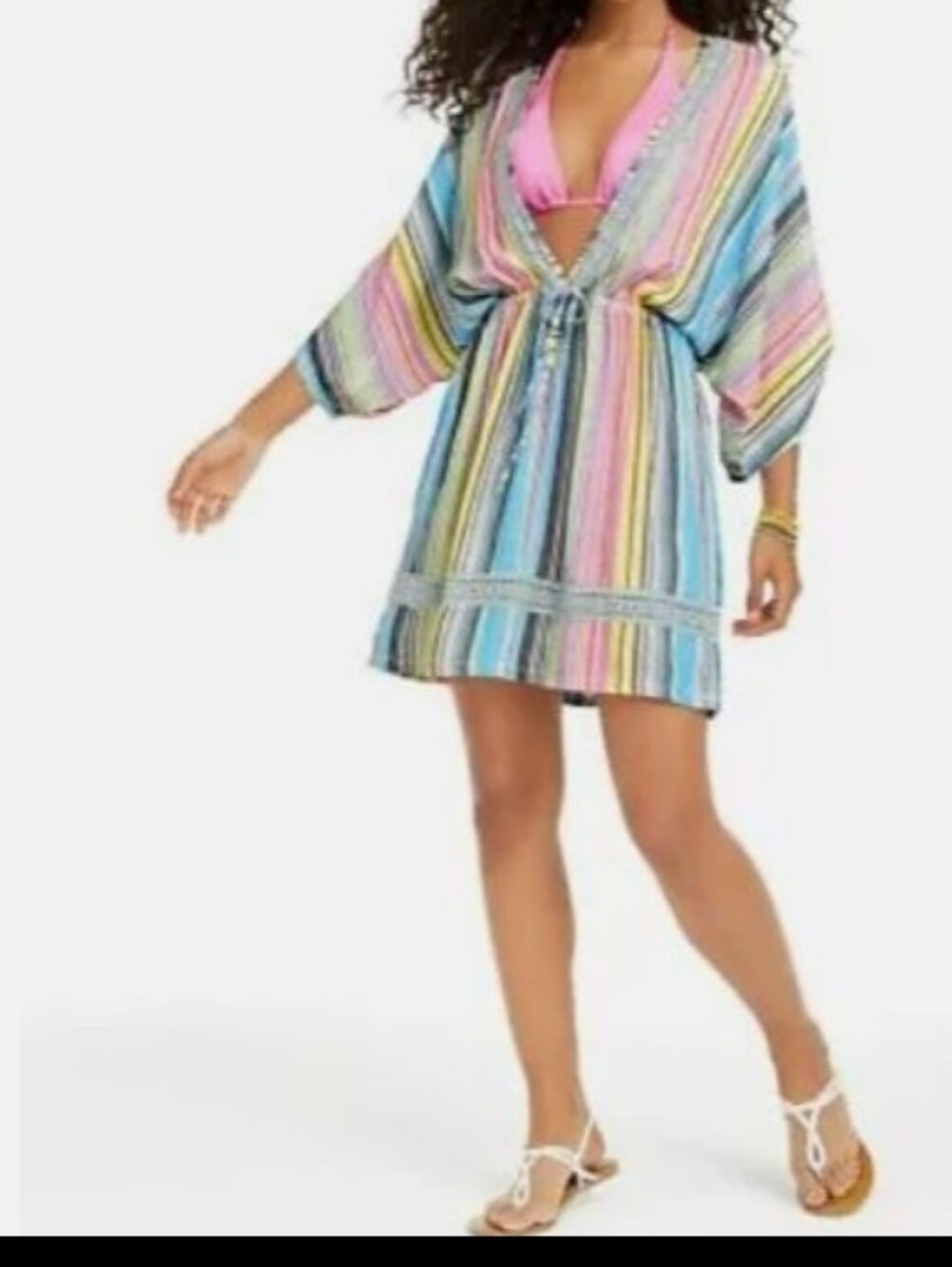 Dotti Multicolor Striped V-Neck Tie-Waist Mini Dress
